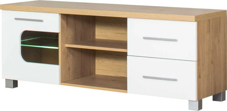 Stolik RTV 138 cm Panama (biały połysk/dąb Soma ciemny)