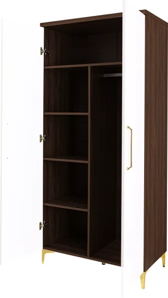 Szafa z półkami i drążkiem Bari (biały połysk/orzech Foresta) 