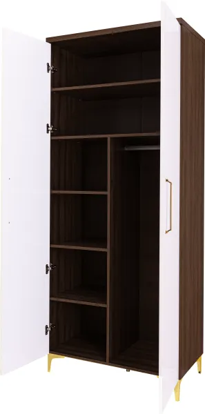 Szafa wysoka z półkami i drążkiem Bari (biały połysk/orzech Foresta)