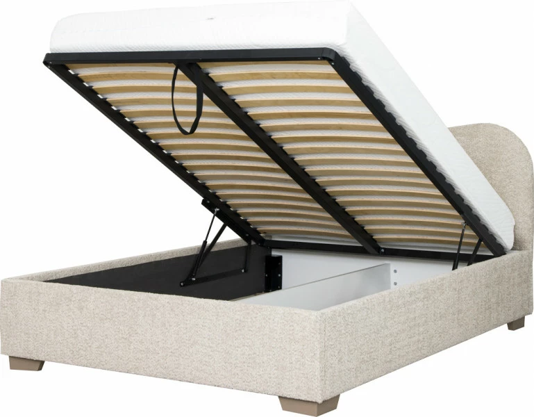 Łóżko tapicerowane 140 Cloudi (boucle beż) ze stelażem i pojemnikiem