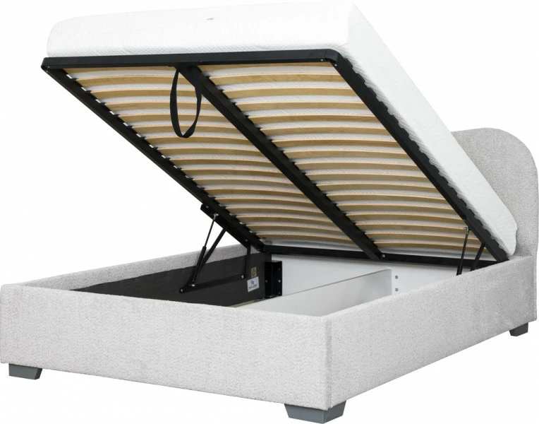 Łóżko tapicerowane 140 Cloudi (boucle szary) ze stelażem i pojemnikiem