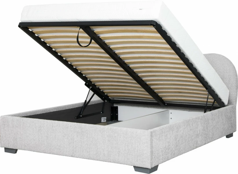 Łóżko tapicerowane 160 Cloudi (boucle szary) ze stelażem i pojemnikiem