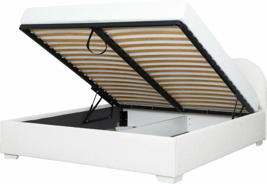 Łóżko tapicerowane 180 Cloudi (boucle kremowy) ze stelażem i pojemnikiem