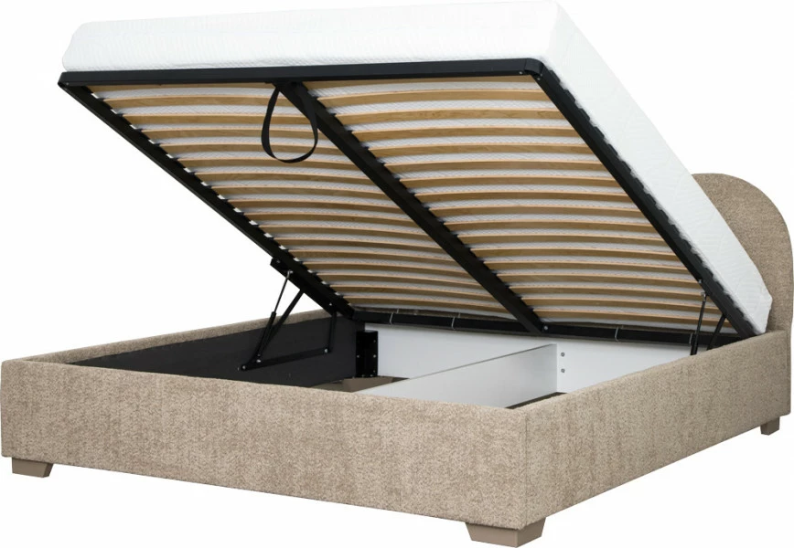 Łóżko tapicerowane 180 Cloudi (boucle cappuccino) ze stelażem i pojemnikiem