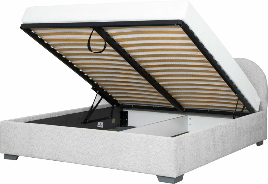 Łóżko tapicerowane 180 Cloudi (boucle szary) ze stelażem i pojemnikiem