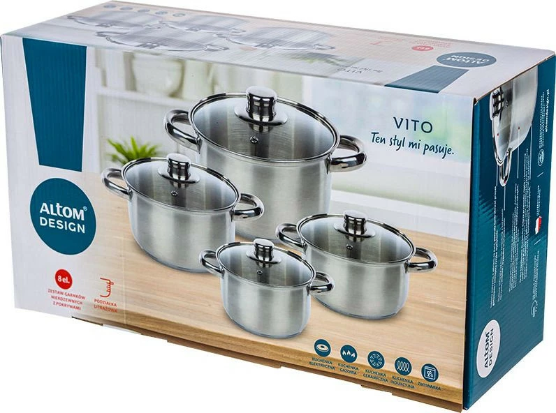 Zestaw czterech garnków satynowych  z pokrywkami Vito 