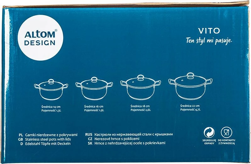 Zestaw czterech garnków satynowych  z pokrywkami Vito 
