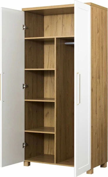 Szafa z półkami i drążkiem Hawana (biały lakier mat/dąb soma ciemny)