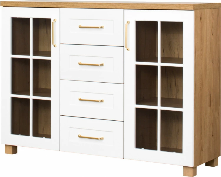 Komoda z witryną i szufladami Hawana (biały lakier mat/dąb soma ciemny) 