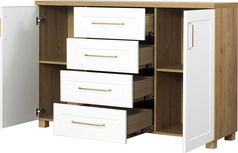 Komoda z drzwiczkami i 4 szufladami Hawana (biały lakier mat/dąb soma ciemny)