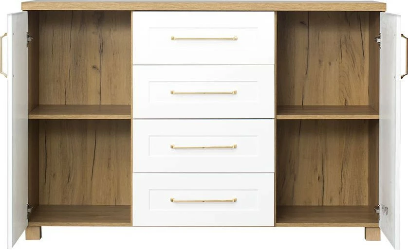 Komoda z drzwiczkami i 4 szufladami Hawana (biały lakier mat/dąb soma ciemny) 