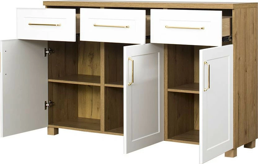 Komoda z drzwiczkami i szufladami Hawana (biały lakier mat/dąb soma ciemny)