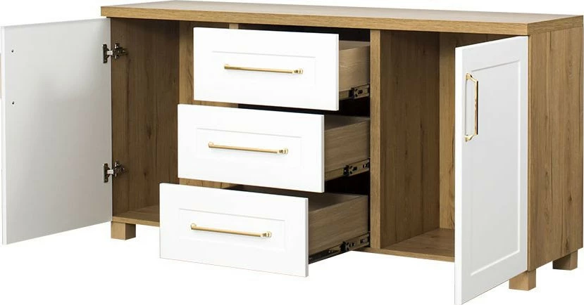 Komoda z drzwiczkami i szufladami Hawana niska (biały lakier mat/dąb Soma ciemny)