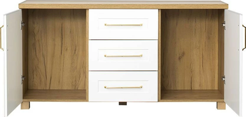 Komoda z drzwiczkami i szufladami Hawana niska (biały lakier mat/dąb Soma ciemny)