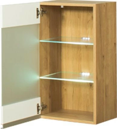 Szafka 40 górna witryna LED lewa Monia (biały połysk/dąb Soma ciemny)