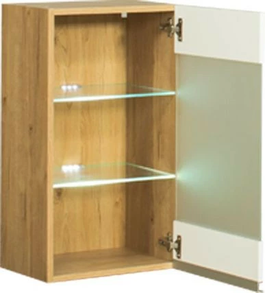 Szafka 40 górna witryna LED prawa Monia (biały połysk/dąb Soma ciemny)