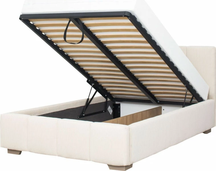 Łóżko tapicerowane 120 Mindy (sztruks beż) ze stelażem i pojemnikiem 