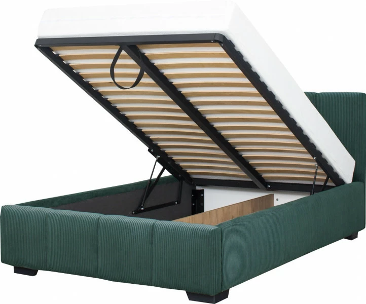 Łóżko tapicerowane 120 Mindy (sztruks zielony) ze stelażem i pojemnikiem