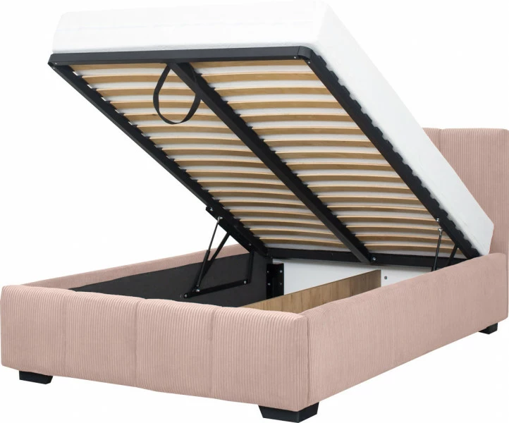 Łóżko tapicerowane 120 Mindy (sztruks róż) ze stelażem i pojemnikiem