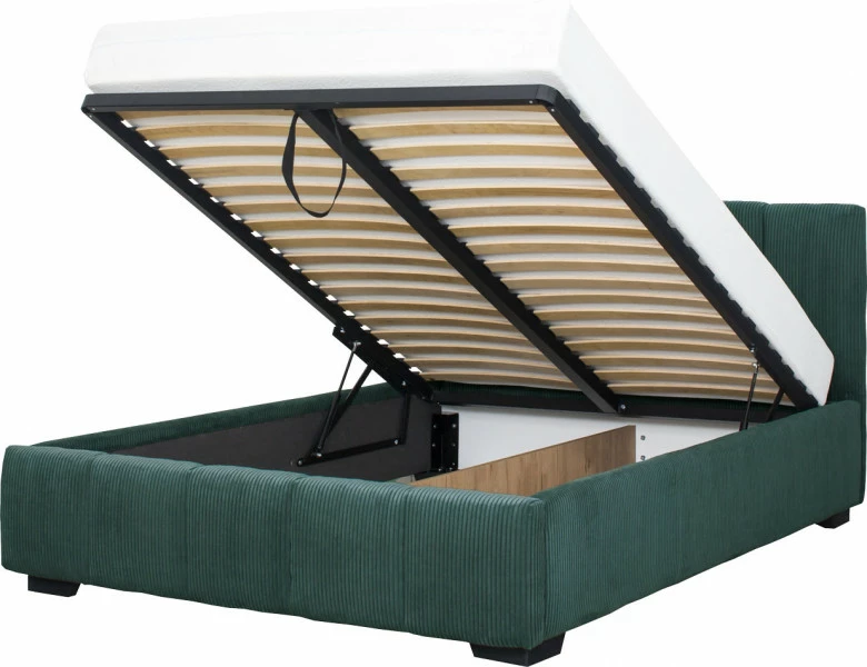Łóżko tapicerowane 140 Mindy (sztruks zielony) ze stelażem i pojemnikiem 