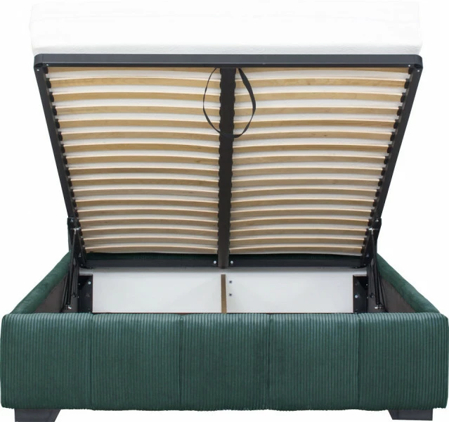 Łóżko tapicerowane 140 Mindy (sztruks zielony) ze stelażem i pojemnikiem