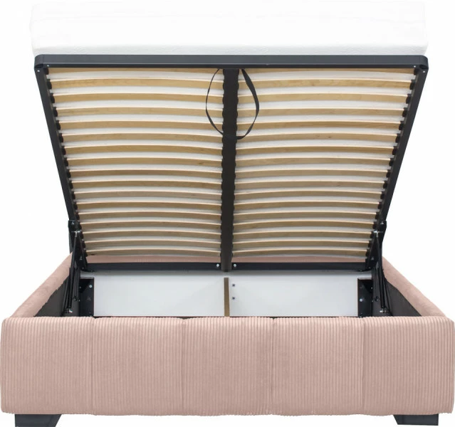 Łóżko tapicerowane 140 Mindy (sztruks róż) ze stelażem i pojemnikiem