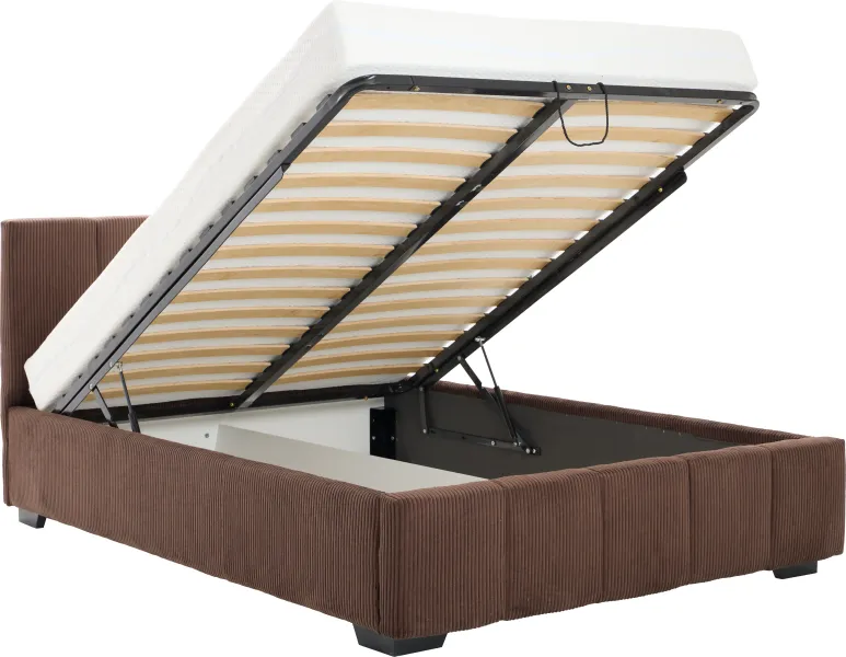 Łóżko tapicerowane 140 Mindy (sztruks czekoladowy brąz) ze stelażem i pojemnikiem