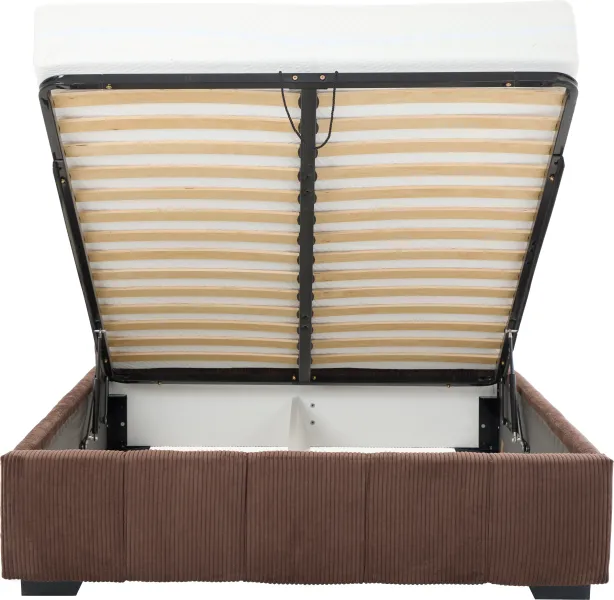 Łóżko tapicerowane 140 Mindy (sztruks czekoladowy brąz) ze stelażem i pojemnikiem