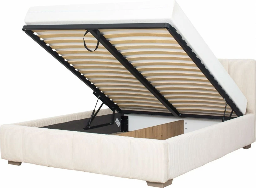 Łóżko tapicerowane 160 Mindy (sztruks beż) ze stelażem i pojemnikiem