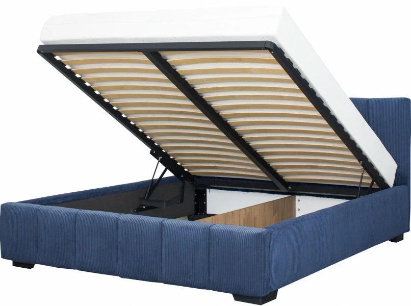 Łóżko tapicerowane 160 Mindy (sztruks granat) ze stelażem i pojemnikiem