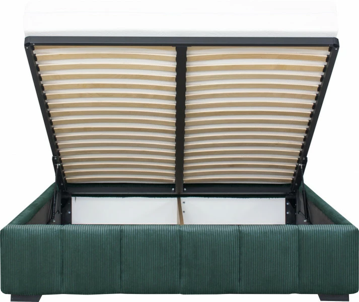Łóżko tapicerowane 160 Mindy (sztruks zielony) ze stelażem i pojemnikiem