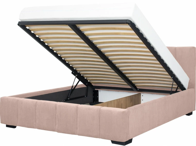 Łóżko tapicerowane 160 Mindy (sztruks róż) ze stelażem i pojemnikiem 