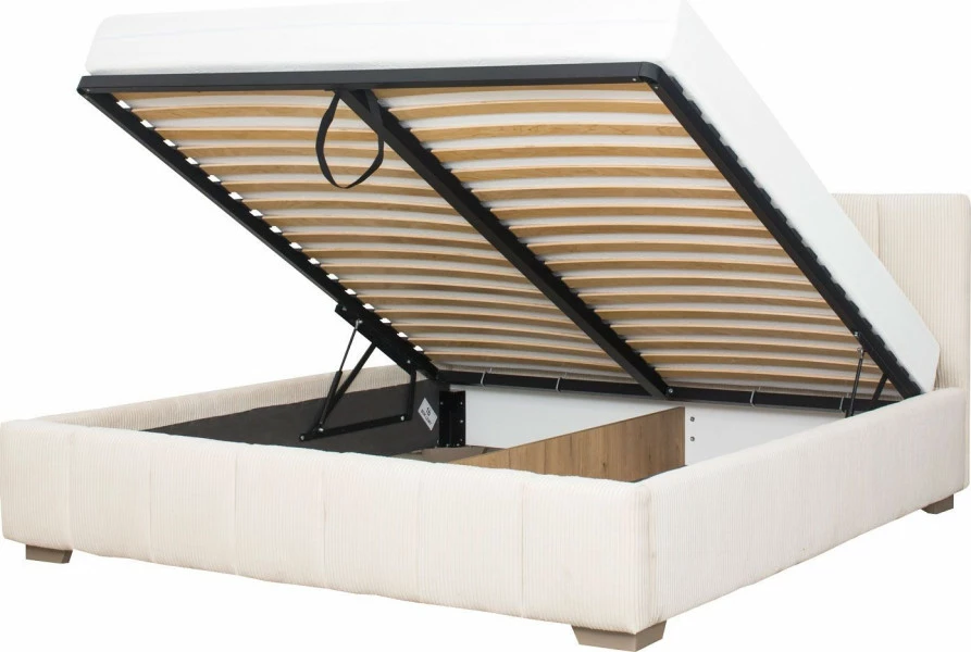 Łóżko tapicerowane 180 Mindy (sztruks beż) ze stelażem i pojemnikiem