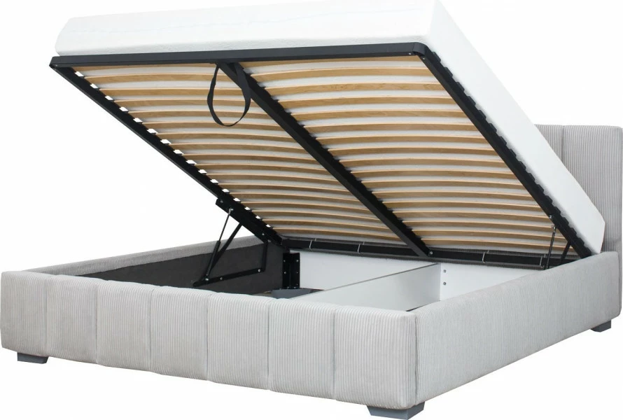 Łóżko tapicerowane 180 Mindy (sztruks szary) ze stelażem i pojemnikiem