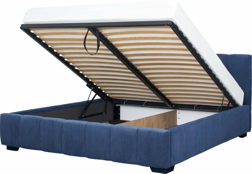 Łóżko tapicerowane 180 Mindy (sztruks granat) ze stelażem i pojemnikiem