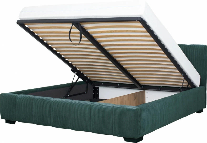 Łóżko tapicerowane 180 Mindy (sztruks zielony) ze stelażem i pojemnikiem 