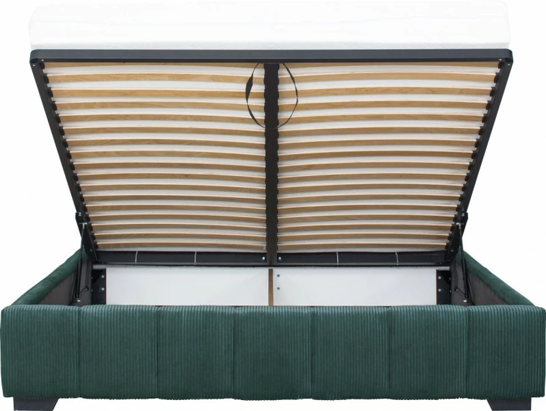 Łóżko tapicerowane 180 Mindy (sztruks zielony) ze stelażem i pojemnikiem 