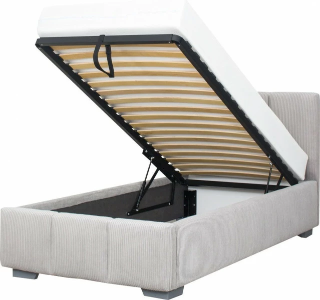 Łóżko tapicerowane 90 Mindy (sztruks szary) ze stelażem i pojemnikiem