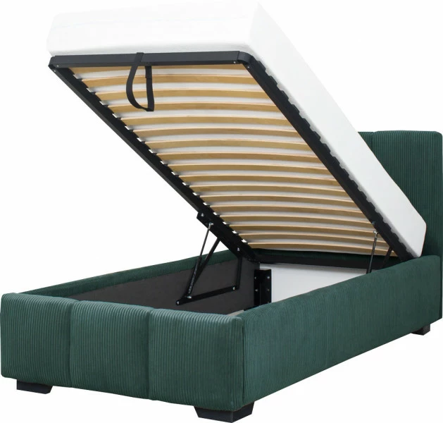 Łóżko tapicerowane Mindy 90 (sztruks zielony) ze stelażem i pojemnikiem