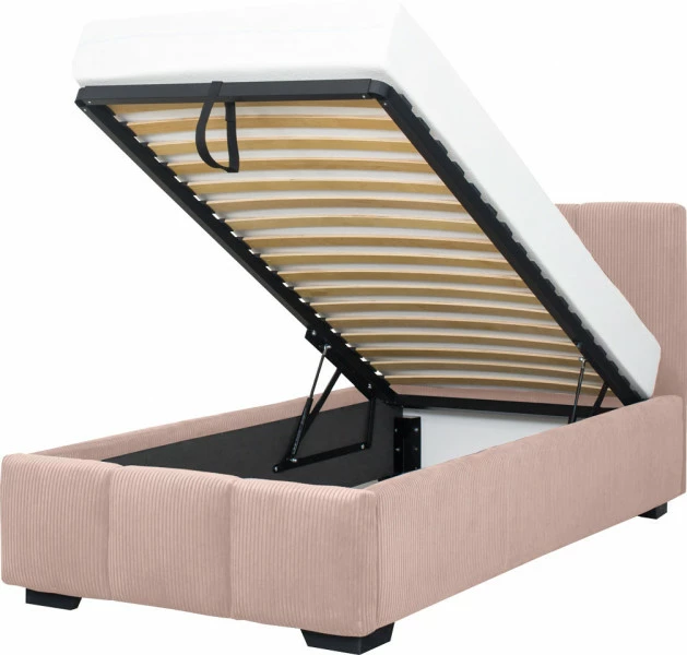 Łóżko tapicerowane 90 Mindy (sztruks róż) ze stelażem i pojemnikiem