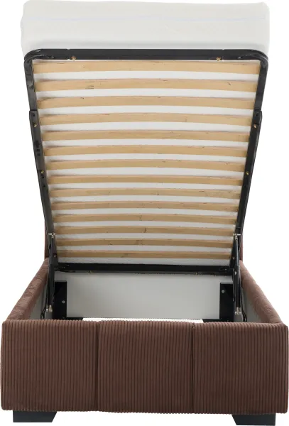 Łóżko tapicerowane 90 Mindy (sztruks czekoladowy brąz) ze stelażem i pojemnikiem