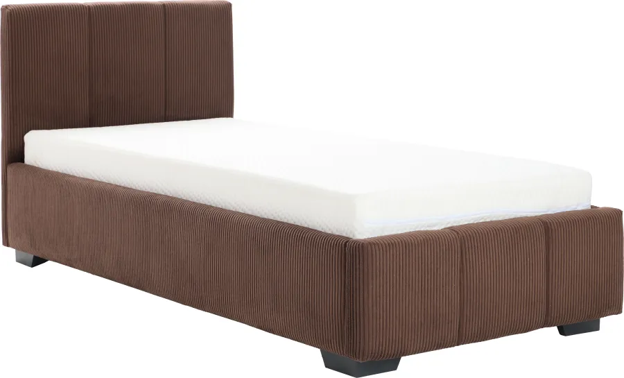 Łóżko tapicerowane 90 Mindy (sztruks czekoladowy brąz) ze stelażem i pojemnikiem