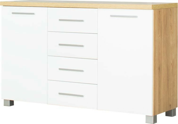 Komoda z frontami i 4-szufladami Panama (biały połysk/dąb Soma ciemny)