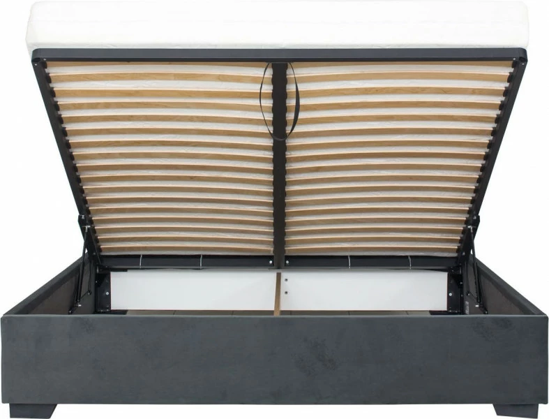 Łóżko tapicerowane 160 Sawona (plusz grafit) ze stelażem i pojemnikiem