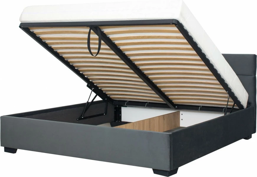 Łóżko tapicerowane 160 Sawona (plusz grafit) ze stelażem i pojemnikiem
