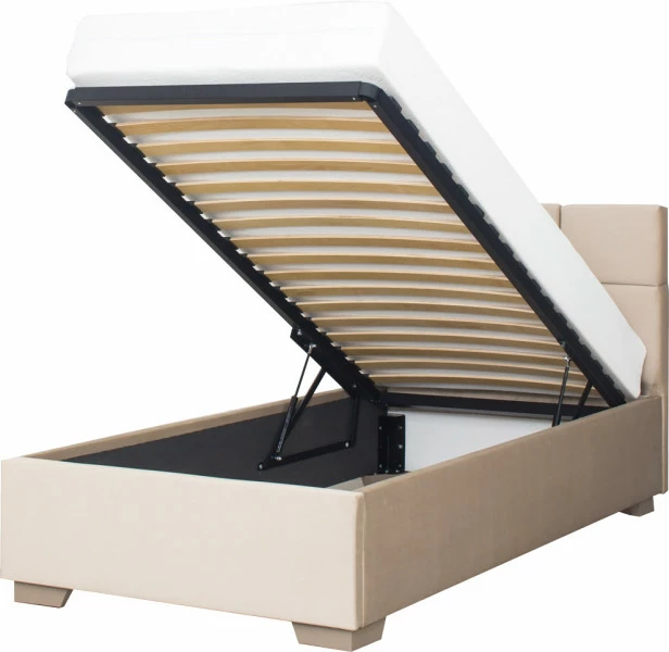 Łóżko tapicerowane 90 Sawona (plusz beż) ze stelażem i pojemnikiem