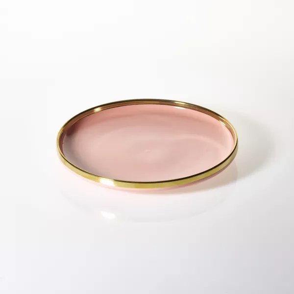 Talerz obiadowy Cindy różowy ze złotym paskiem
