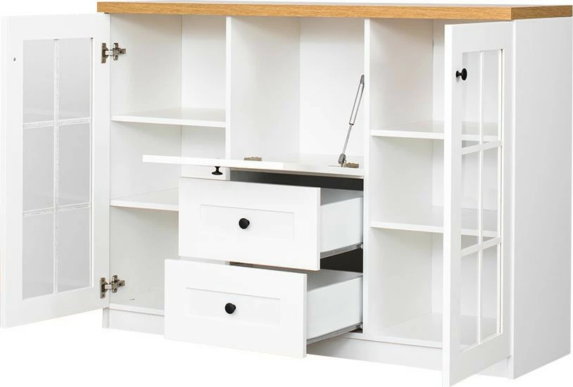 Komoda witryna z barkiem i dwoma szufladami Toskania (biały/dąb Soma ciemny)