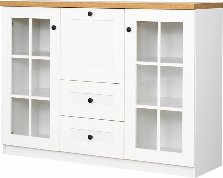 Komoda witryna z barkiem i dwoma szufladami Toskania (biały/dąb Soma ciemny) 