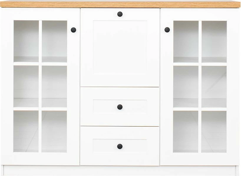 Komoda witryna z barkiem i dwoma szufladami Toskania (biały/dąb Soma ciemny)